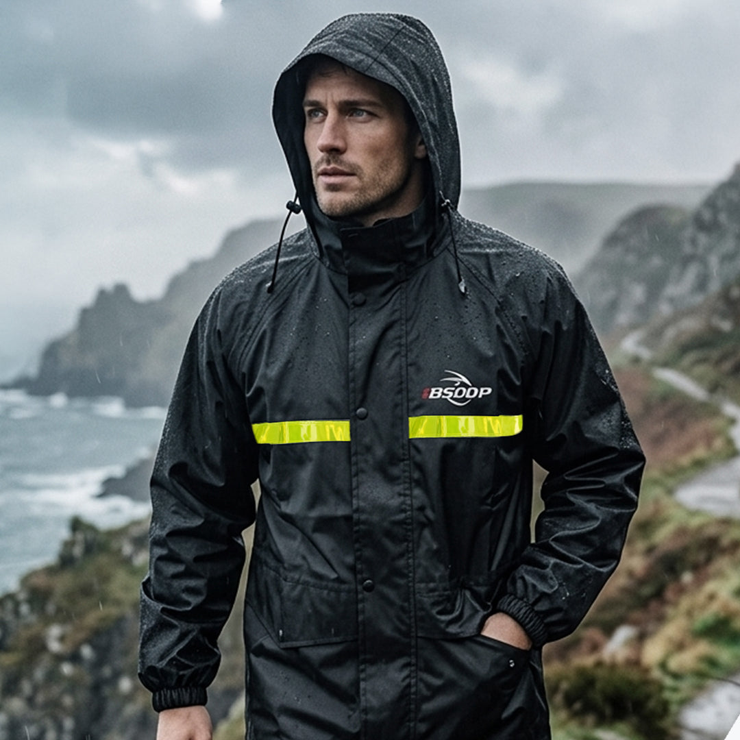 BSDDP Rain Coat Black with Hi-Viz Green Strip Motorcycle Rain Suit