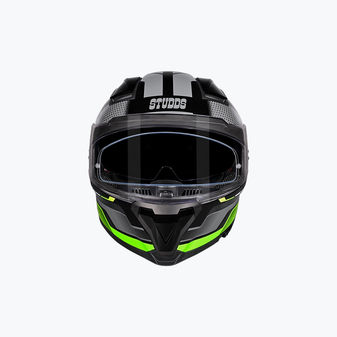 STUDDS Helios D1 Asphalt WCV Black N3 Green Full Face Motorcycle Helmet