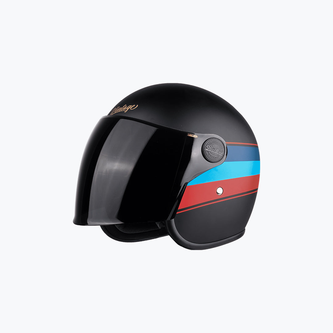 Steelbird 56 Vintage S1 Helmet with Long Clear Visor Glossy Black Red