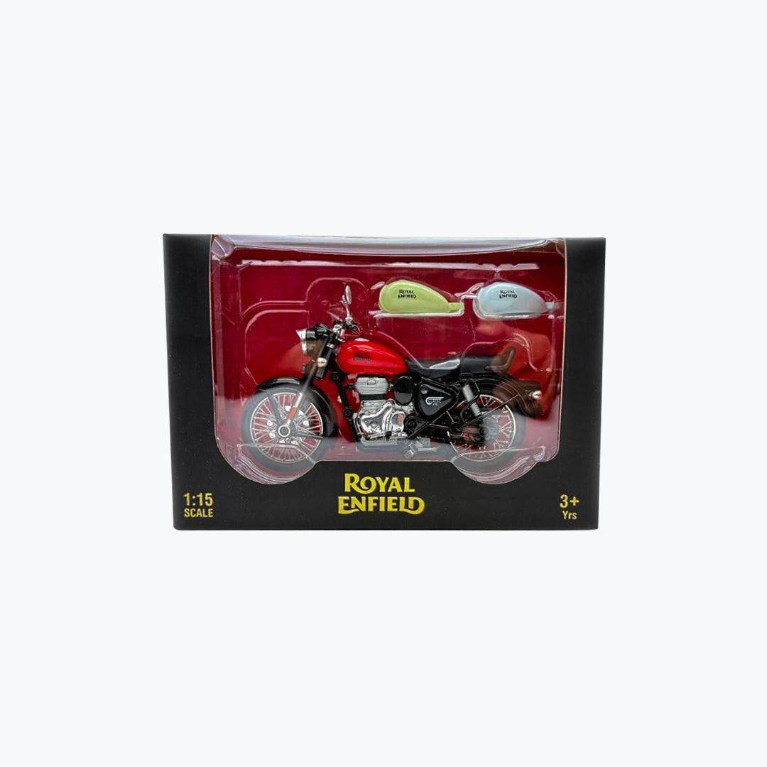 Royal Enfield Classic 350 Toy Bike 1:15 Scale Model with Interchangeable Fuel Tanks & Pull-Back Mechanism